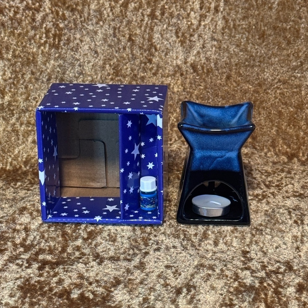 Porcelain Oil Burner Black Blue & Brown W/ 1 Tealight & Small Starter Oil Ocean